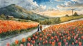 Idyllic landscape depicts a vast field of tulips in various shades of red, orange, and pink Royalty Free Stock Photo